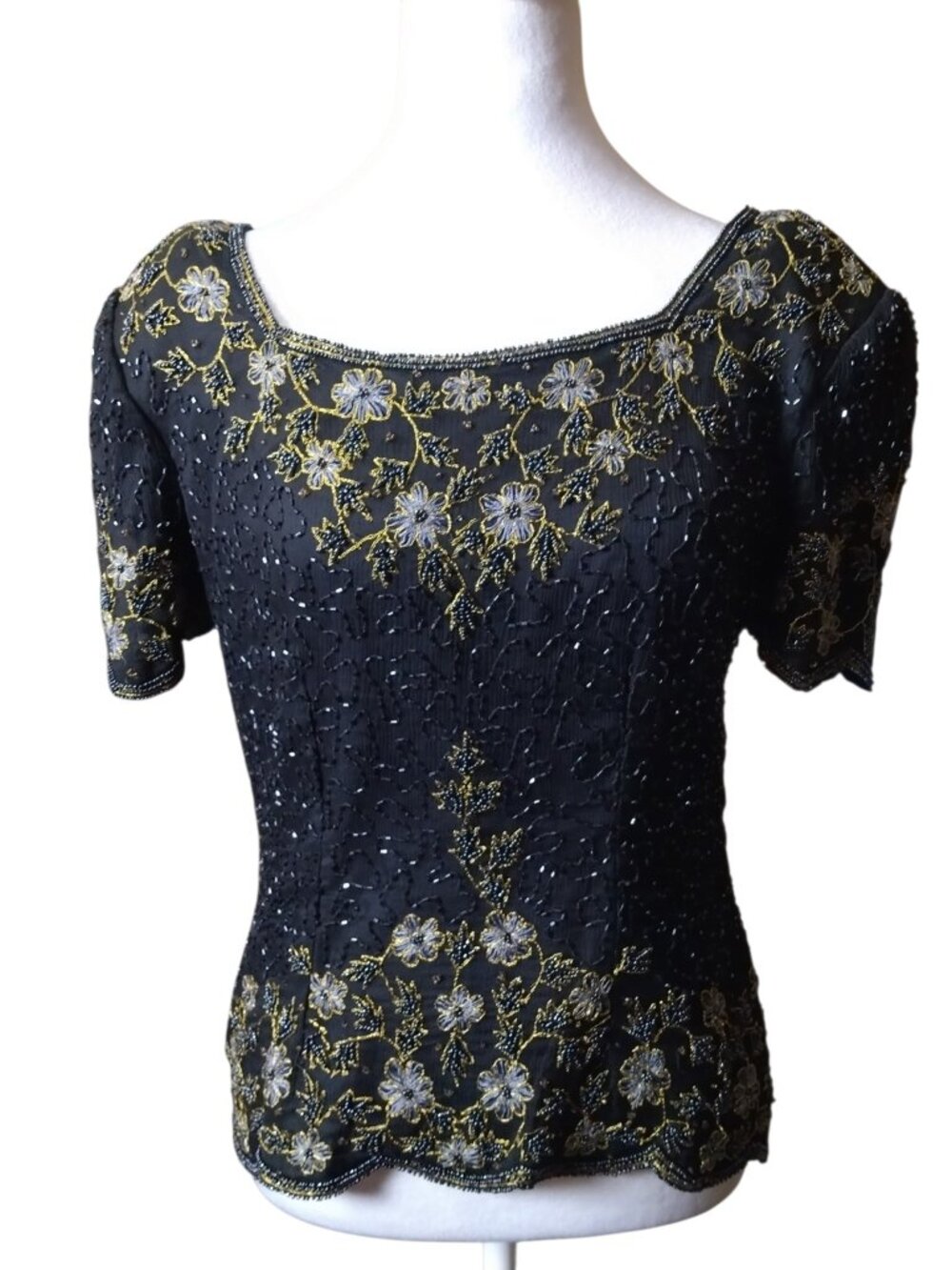 Stenay Blouse Women's Medium 100% Silk Beaded Sequin Gold Black Floral Vintage